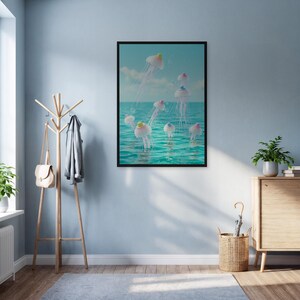 Pastel Jellyfish Wall Art Print, Aqua Ocean Poster, Framed Bathroom Decor, Whimsical Underwater Illustration, Gift For Coastal Beach Home