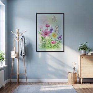 Butterfly Flower Wall Art, Watercolor Floral Print With Pink Yellow Blossoms, Framed Spring Garden Illustration For Nursery Or Bedroom
