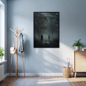 Stampa artistica da parete "Addio sentiero nebbioso", poster con cornice che evoca emozioni nella foresta, foto di sagome che camminano, opera d'arte con natura oscura per corridoio o camera da letto