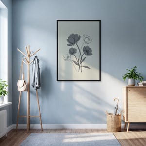 Affiche d'art floral minimaliste avec option encadrée, impression botanique noir et beige, décoration murale élégante dessin de fleurs, cadeau pour elle
