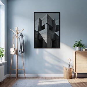 Brutalist Architecture Wall Art, Concrete Block Abstract Poster, Minimalist Grey Geometric Print, Framed Modern Office Decor, Urban Style