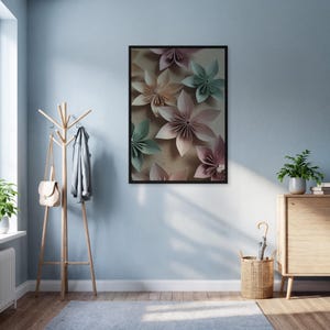Stampa artistica da parete con fiori di carta pastello, poster botanico 3D con tenui toni rosa, verde e beige, decorazione floreale incorniciata come regalo o per interni rilassanti.
