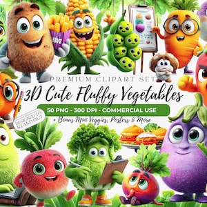3D Kawaii Veggies Clipart, Pixar Fluffy Food Graphics, Educational PNG Bundle (Digital Download)