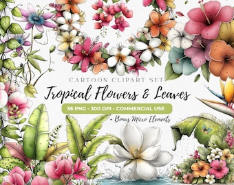 Tropical Flowers and Leaves Clipart Set: Whimsical Floral Hawaiian Graphics (Digital Download - 27 PNGs)