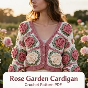 Può includere: Un cardigan Rose Garden all'uncinetto con scollo a V e chiusura con bottoni. Il cardigan presenta pannelli quadrati con applicazioni di rose nei toni del rosa, crema e verde. Il testo "Rose Garden Cardigan" è visualizzato nella parte inferiore dell'immagine.