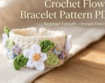Patrón de pulsera floral de ganchillo en PDF — Patrón fácil de pulsera de flores de margarita de ganchillo, patrón de joyería de ganchillo para principiantes, pulsera estilo cottagecore,