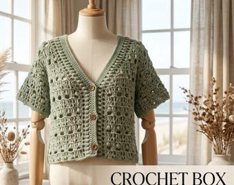Patrón de cárdigan Boxy Blooms a crochet en PDF / Patrón de cárdigan a crochet extragrande con cuello en V calado / Tallas grandes incluidas XS–5X / Descarga instantánea en PDF