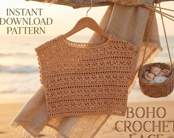 Patrón de top de crochet en PDF / Top de playa bohemio con mangas de encaje y volantes / Top corto de verano con cuello en V para principiantes / Descarga digital instantánea en PDF fácil