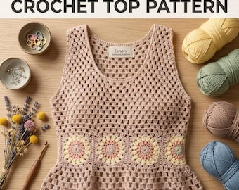 Patrón de top de ganchillo con cuadrados de la abuela en PDF, patrón de top corto de tirantes a rayas de ganchillo, top de verano bohemio XS-XXL, patrón de ganchillo fácil a intermedio