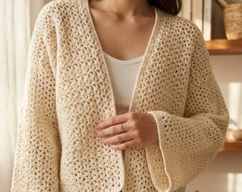 Patrón de cárdigan de punto de malla a crochet en PDF / Cárdigan fácil con punto en V / Patrón de crochet ideal para principiantes / Tallas pequeña y mediana / Descarga instantánea