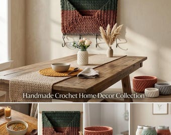 Paquete de patrones de crochet en PDF / Tarro Mason, tapete redondo + cestas nido + bolsillo de pared + camino de mesa / 7 patrones fáciles para principiantes / Descarga instantánea