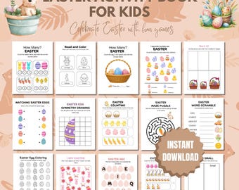 Utskrivbar påskaktivitetsbok, barnspel, målarbilder (digital nedladdning)