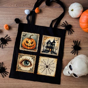 Halloween Tote Bag | Spooky Stamp Design | Pumpkin, Haunted House, Spider Web, Evil Eye Tote | Goth Bag | Trick or Treat Bag | Spooky Season