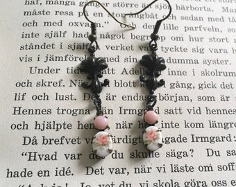 Handcrafted Victorian Style Fleur de Lis Drop and Pink Floral Cameo Drop Earrings Pink and Black