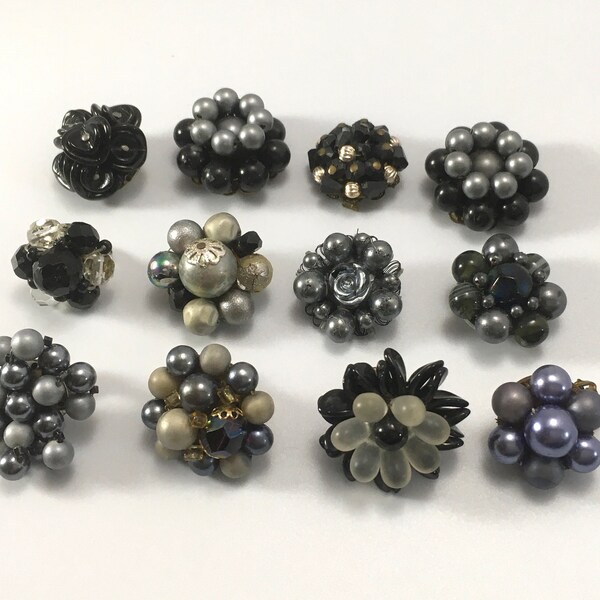 Grey Black Vintage Cluster Bead Earring Lot Craft Jewelry