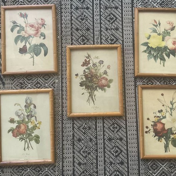 Vintage Floral Art Prints Bamboo Wooden Frames Cottagecore Boho Flowers Roses 1940s