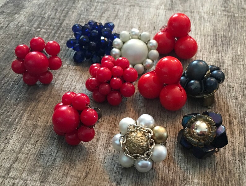 Vintage Salvaged Lot Cluster Clip Earrings Broken Etc Crafts Red White Blue