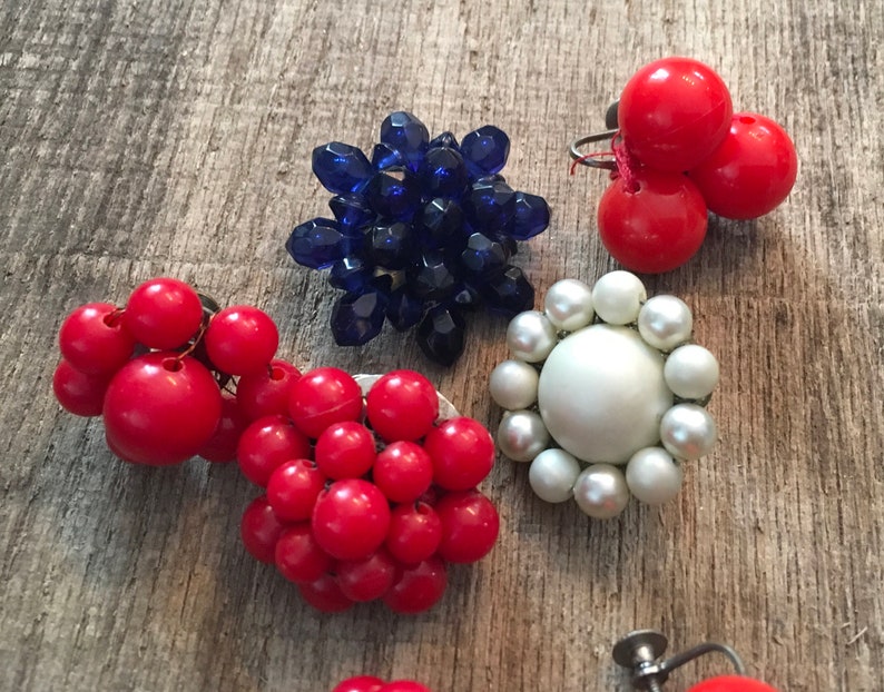 Vintage Salvaged Lot Cluster Clip Earrings Broken Etc Crafts Red White Blue