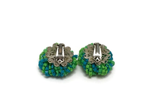 Large Mod Groovy 60s Beaded Green and Blue Clip E… - image 4