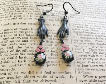 Handcrafted Victorian Style Hand Drop and Floral Cameo Drop Earrings Pink and Black