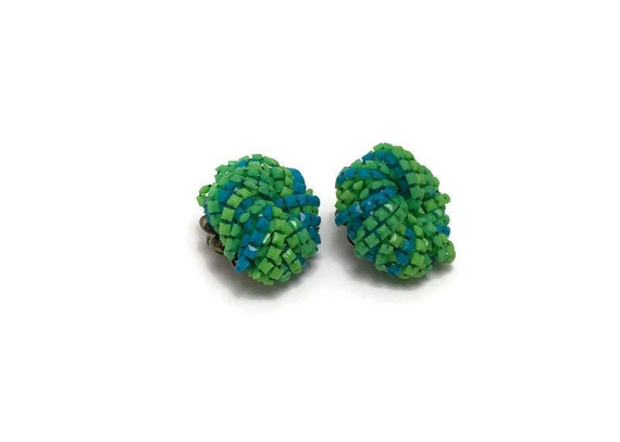 Large Mod Groovy 60s Beaded Green and Blue Clip E… - image 3