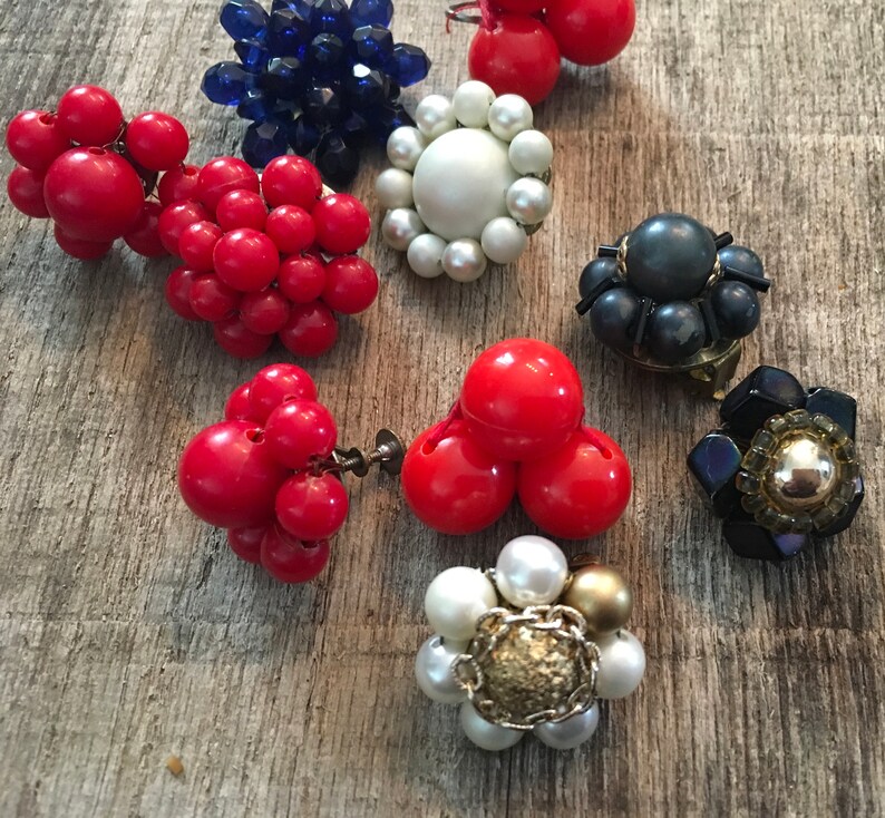 Vintage Salvaged Lot Cluster Clip Earrings Broken Etc Crafts Red White Blue