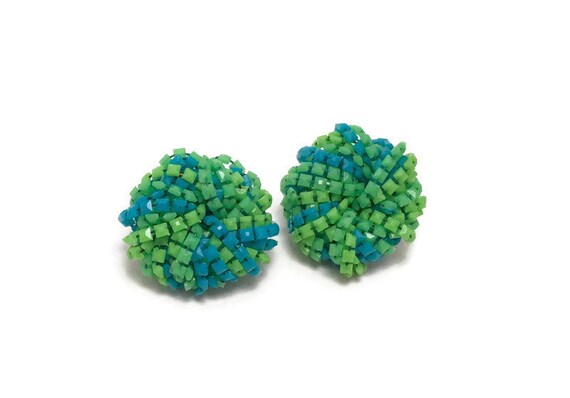 Large Mod Groovy 60s Beaded Green and Blue Clip E… - image 2