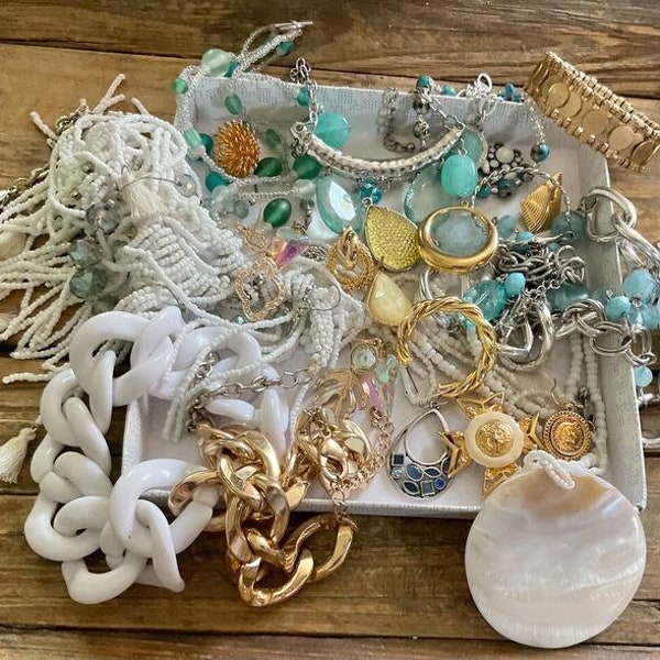 Aqua White Gold Vintage Modern 1 plus Pound Lot Broken Jewelry Lot Craft Lot