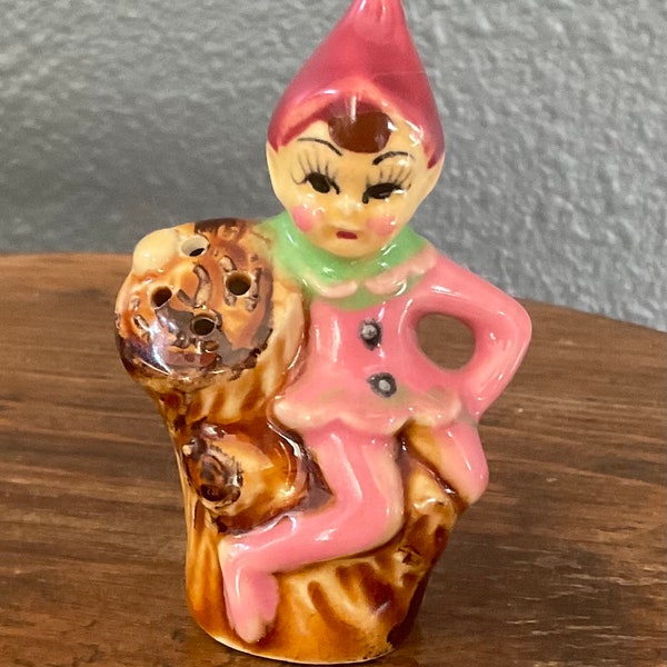 Vintage Pink Pixie On a Log Stump Figurine Salt/Pepper Shaker Pink Elf