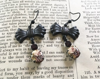 Handcrafted Victorian Style Bow Drop and Floral Cameo Drop Earrings Pink and Black
