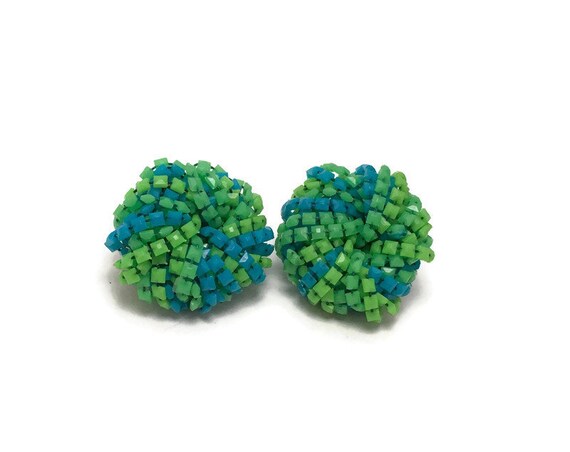 Large Mod Groovy 60s Beaded Green and Blue Clip E… - image 1