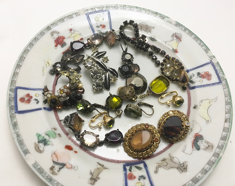 Amber Topaz Olive Rhinestone Earrings Shoe Clip Vintage Jewelry Lot