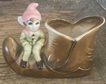 Vintage Japan Pixie Elf Sitting on a Shoe Heart Ceramic Planter MCM Pixie Planter