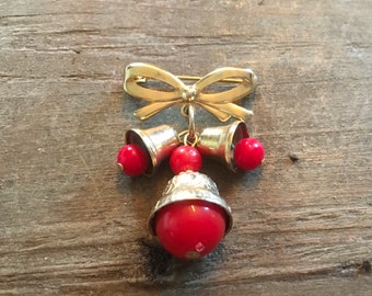 Vintage Christmas Bells Small Brooch Pin Adorable Holiday Pin