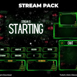 May include: A digital stream pack with a Christmas theme. The design features a dark green background with white snowflakes and red ornaments. The words "STREAM PACK" and "STREAM IS STARTING" are prominently displayed. Includes social media and chat boxes.