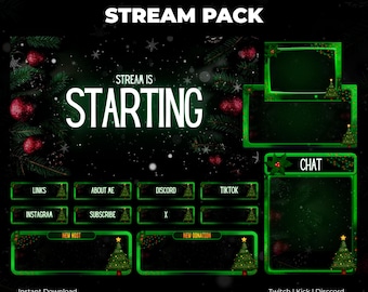 May include: A digital stream pack with a Christmas theme. The design features a dark green background with white snowflakes and red ornaments. The words "STREAM PACK" and "STREAM IS STARTING" are prominently displayed. Includes social media and chat boxes.