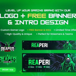May include: Green and black promotional graphic for gaming brand design services. Includes logos, banners, and intro designs. Features the text "REAPER GAMING" with a grim reaper graphic. Offers custom logos, free banners, and intro designs.