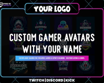 May include: A promotional graphic for custom gamer avatars. The image features various avatar designs with the word "USERNAME" and the text "CUSTOM GAMER AVATARS WITH YOUR NAME". The graphic also includes the text "YOUR LOGO".