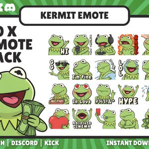 May include: A digital download graphic pack featuring 20 Kermit the Frog emotes. The emotes include various expressions and actions, such as "Hi", sunglasses, and holding money. The text "KERMIT EMOTE" and "20 X EMOTE PACK" are displayed.