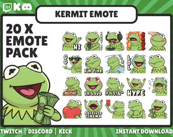 以下が含まれることがあります： 20個のカーミット・ザ・フロッグの絵文字が収録されたデジタルダウンロードグラフィックパック。絵文字には、「Hi」、サングラス、お金を持っているなど、さまざまな表情やアクションが含まれています。「KERMIT EMOTE」と「20 X EMOTE PACK」の文字が表示されています。