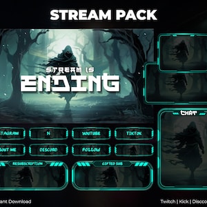 May include: A digital stream pack with a dark fantasy theme. The main graphic features a hooded figure in a misty forest. Includes overlay elements for chat, stream ending, and social media buttons. Text includes "Stream Pack" and "Stream is Ending".