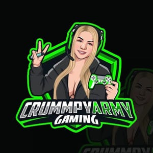 May include: A cartoon logo featuring a blonde woman wearing a headset and holding a green game controller. The logo includes the text "CRUMMPYARMY GAMING" in a green and white design, set against a black background with a green geometric shape.