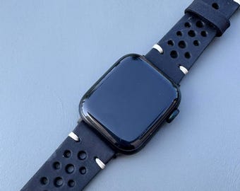 Correa de cuero negra hecha a mano para Apple Watch. Compatible con todas las series 1, 2, 3, 4, 5, 6, 7, 8, 9, 10 y SE, en tamaños 38, 40, 41, 42, 44, 45, 46 y 49 mm.
