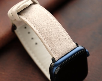 Pulseira de couro camurça bege para Apple Watch: envelhecida, flor integral, todas as séries, todos os tamanhos