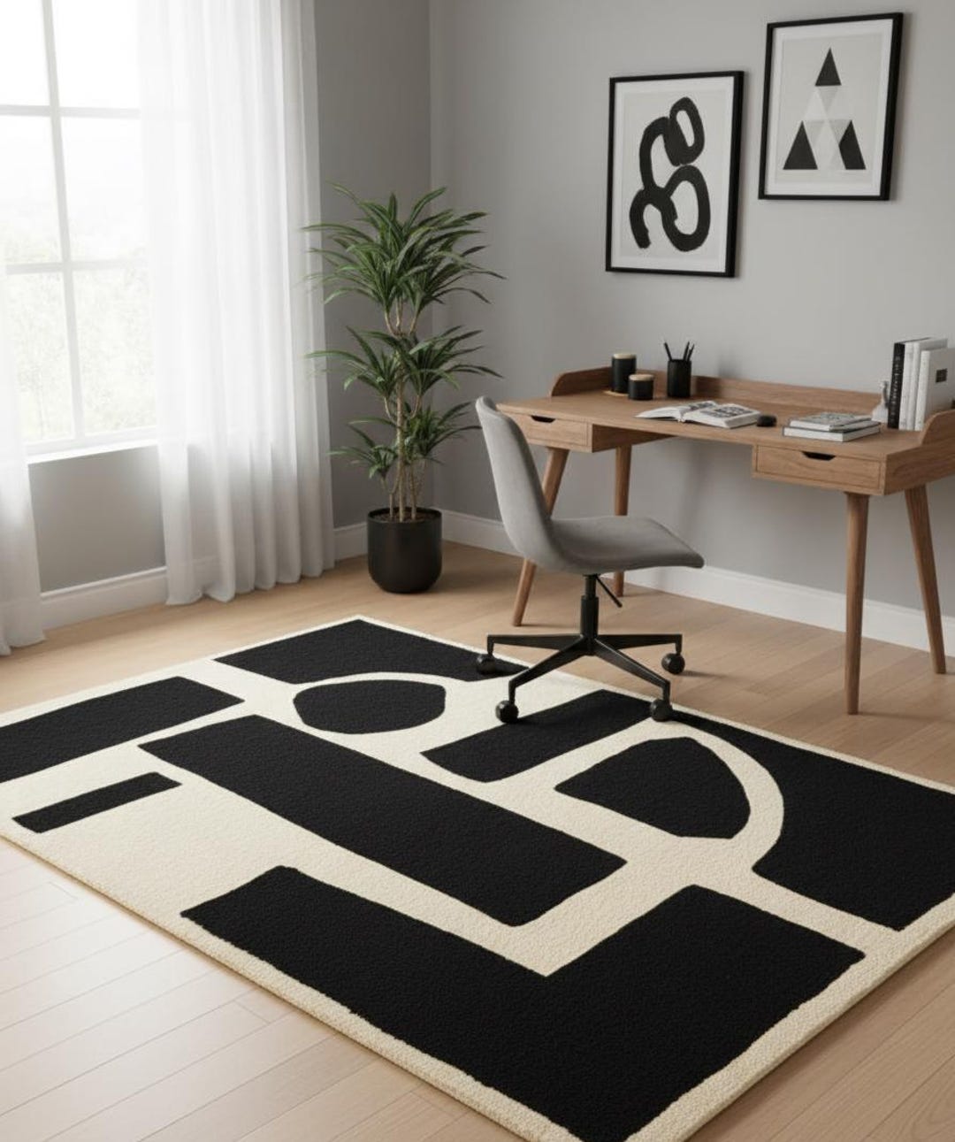 Curated visual reference: Black Ivory Geometric Shape Rug Hand Tufted Wool Modern Area Photo Inspiration