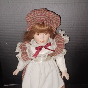 Victorian Garden Genuine Porcelain Doll  PRICE LOWERED Porcelain Doll Kitchen Worker, Red Plaid