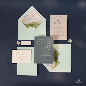 Ensemble bleu moderne de faire-part de mariage, élégante suite d'invitations de mariage pastel, faire-part de mariage extérieur jardin, RSVP et cartes d'informations