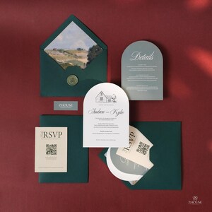 Rustieke groene bruiloft uitnodigingsset, aangepaste boogvorm uitnodiging, bos thema bruiloft suite, afdrukbaar of gedrukt, elegante RSVP-kaarten