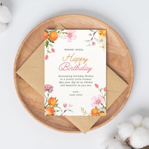 Carte d'anniversaire florale modifiable pour enfants - Carte d'anniversaire personnalisée imprimable - Joli motif floral, voeux d'anniversaire numérique, de tante à nièce