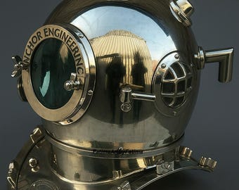US Navy Chrome Mark V Diving Helmet Replica – 18" Copper & Gold Nautical Decor